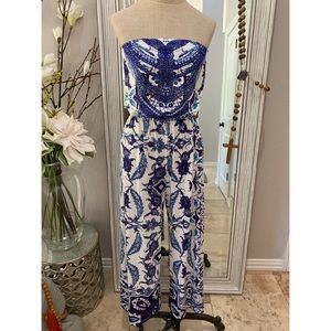 Boho print strapless jumpsuit